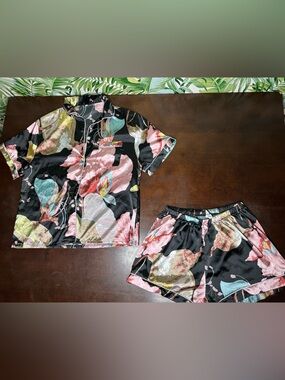 Coquette Floral Satin pj set  - short sleeve button down & shorts